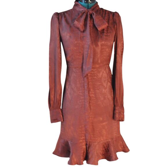 Express Satin Tie Neck Ruffle Hem Long Sleeve Dress Brown Snakeskin XS | Fall - Picture 2 of 5